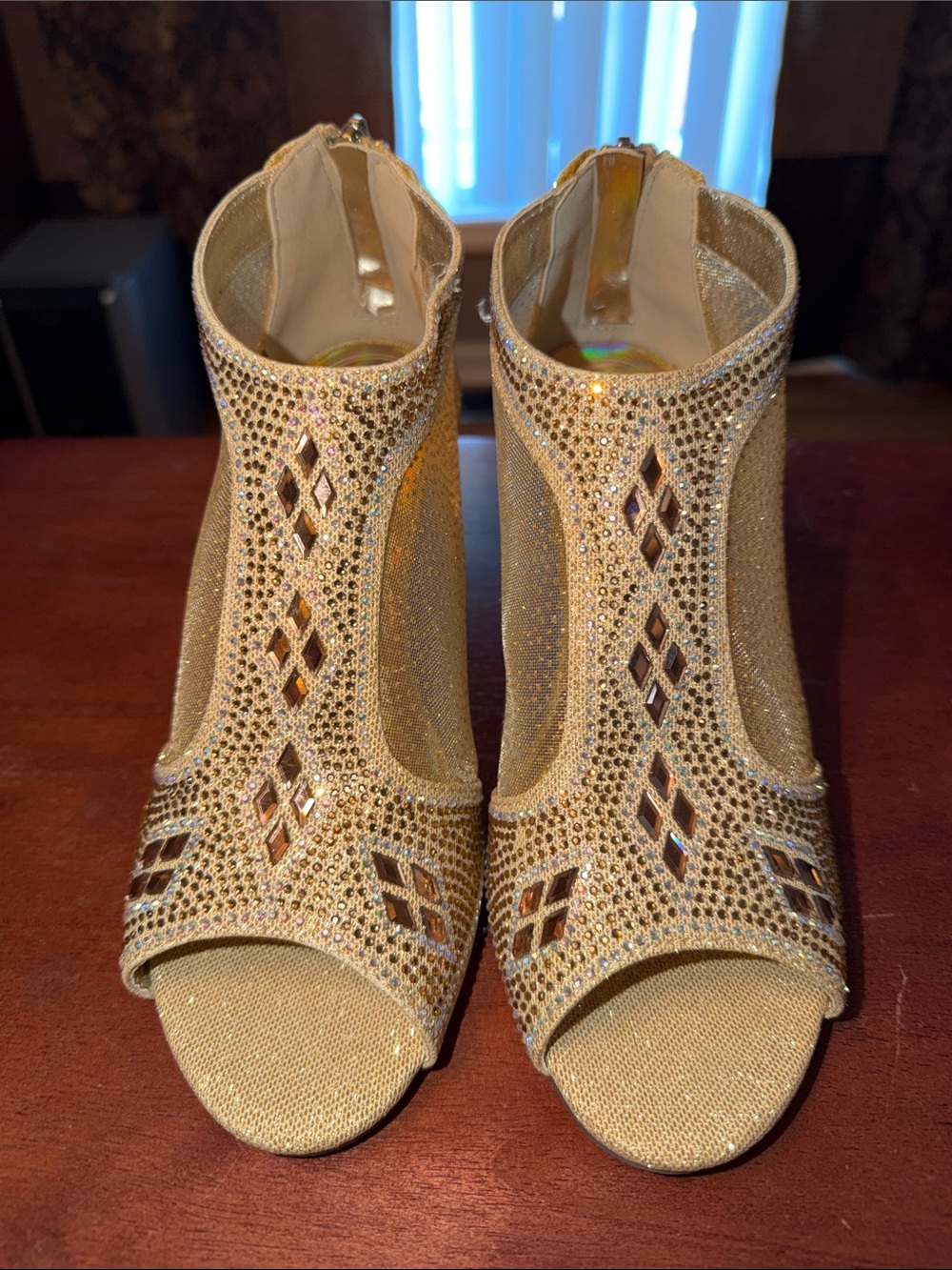 Pierre Dumas Gold Crystal Open-Toe Ankle Booties Heels